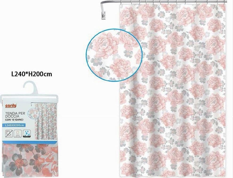 TENDA PER DOCCIA VASCA DA BAGNO 12 GANCI STAMPA FIORI ROSA GRIGI 240X200CM 87576 - 2