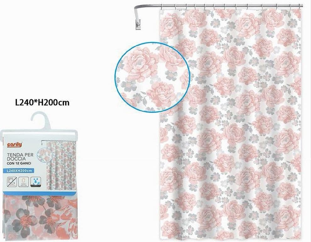TENDA PER DOCCIA VASCA DA BAGNO 12 GANCI STAMPA FIORI ROSA GRIGI 240X200CM 87576 - 2