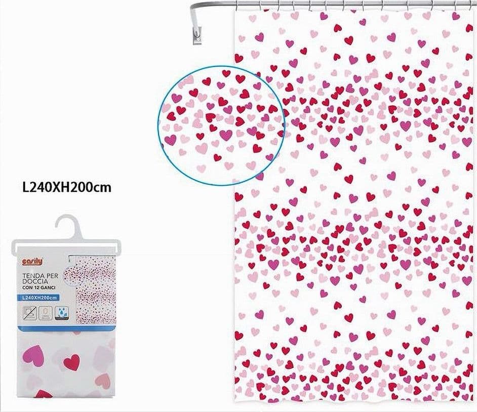 TENDA DOCCIA VASCA BAGNO 12 GANCI IMPERMEABILE CUORI ROSSI ROSA 240X200CM 87562 - 2