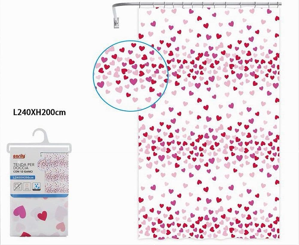 TENDA DOCCIA VASCA BAGNO 12 GANCI IMPERMEABILE CUORI ROSSI ROSA 240X200CM 87562 - 2