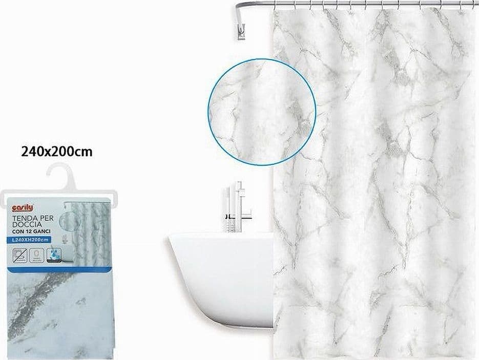 TENDA DOCCIA VASCA BAGNO IMPERMEABILE MARMO BIANCO 240X200CM CON 12 ANELLI 87594 - 2