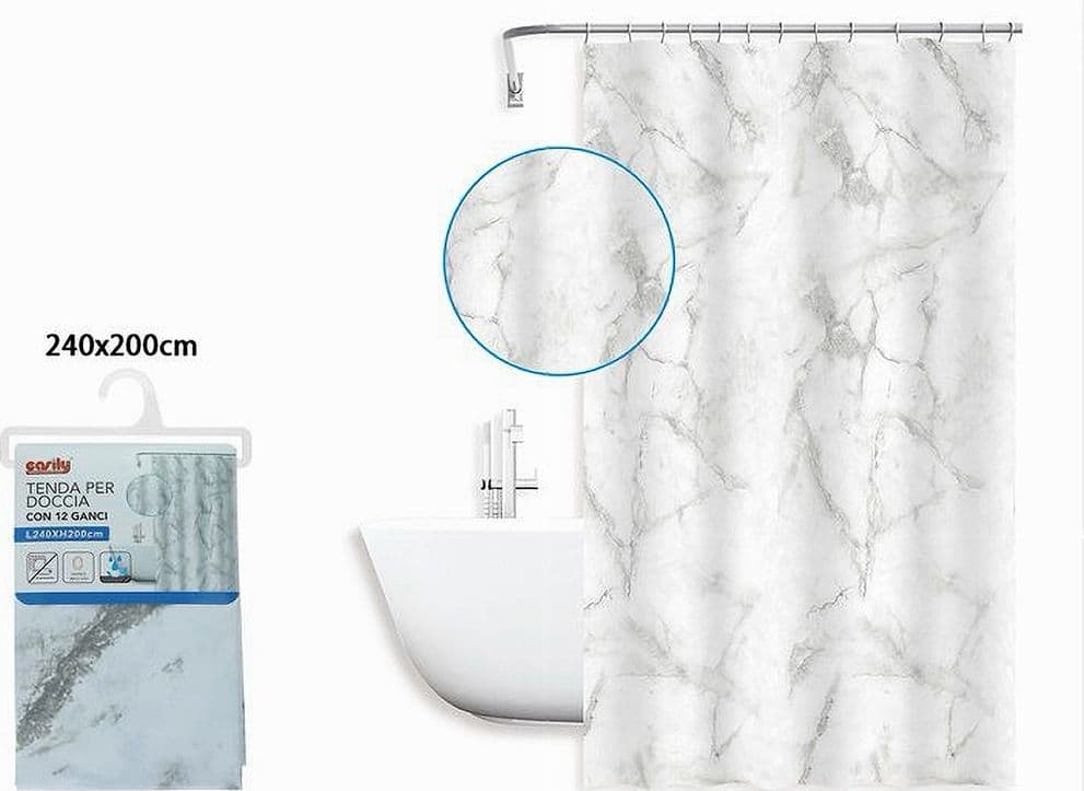 TENDA DOCCIA VASCA BAGNO IMPERMEABILE MARMO BIANCO 240X200CM CON 12 ANELLI 87594 - 2