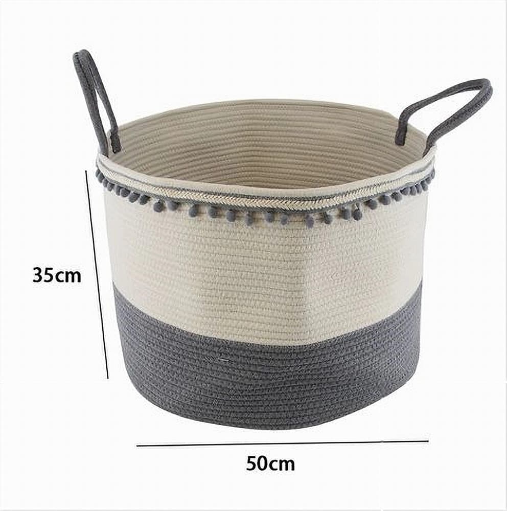 CESTO PORTAOGGETTI PER BIANCHERIA IN CORDA PONPON GRIGI CON MANICI 50X35CM 10673 - 2