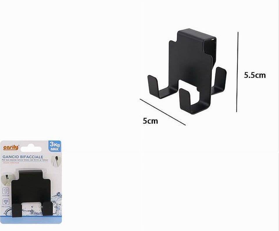 GANCIO BIFACCIALE PER PORTA BOX DOCCIA 3 GANCI ACCAPPATOIO TELO BAGNO NERO 87772 - 2