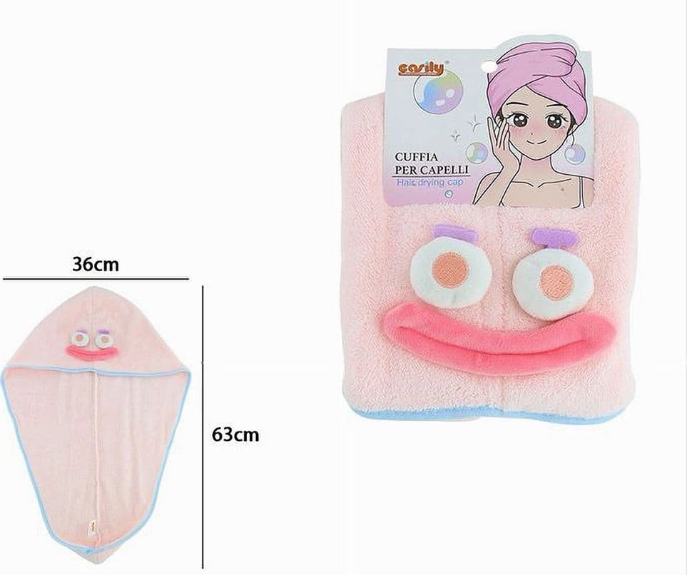 CUFFIA CAPELLI ASCIUGAMANO ASCIUGA ASSORBENTE SHAMPOO BAGNO DOCCIA CON FACCIA 10736 - 3