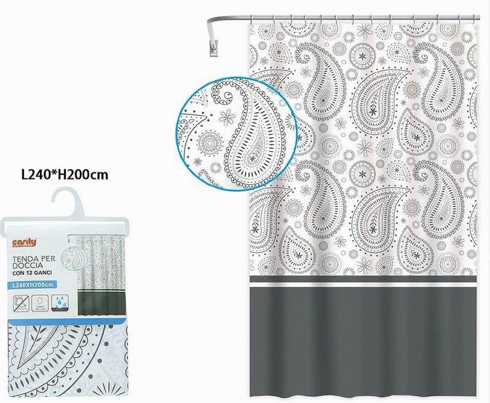 TENDA DOCCIA VASCA BAGNO 12 ANELLI 240X200CM MOTIVO PAISLEY ETNICO GRIGIO 87582 - 7