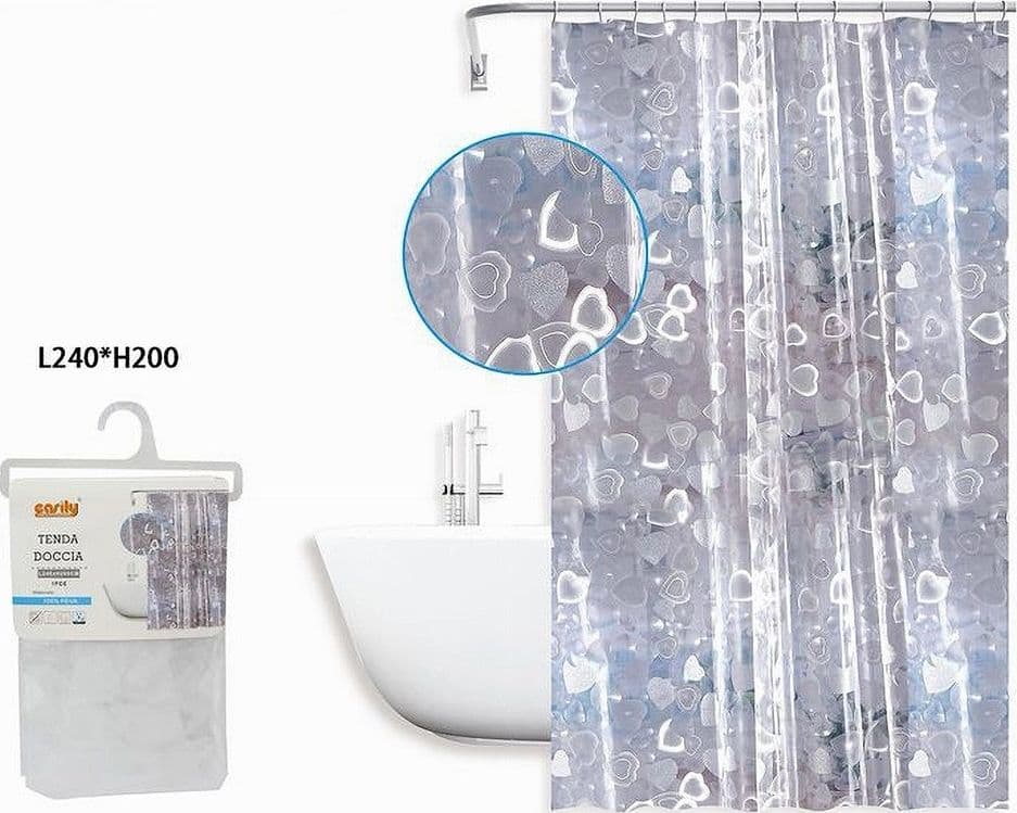 TENDA DOCCIA VASCA BAGNO IMPERMEABILE 12 GANCI EFFETTO 2D CUORI 240X200 CM 59810 - 2