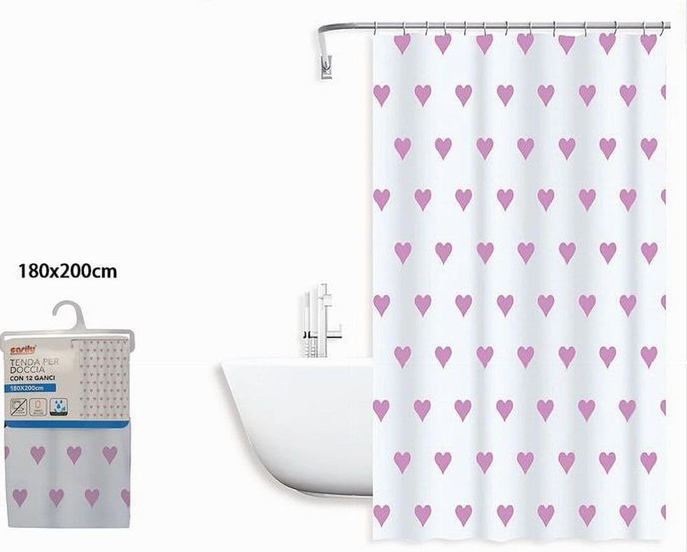 TENDA DOCCIA VASCA DA BAGNO IMPERMEABILE 12 GANCI CON CUORI ROSA 180X200CM 87091 - 2