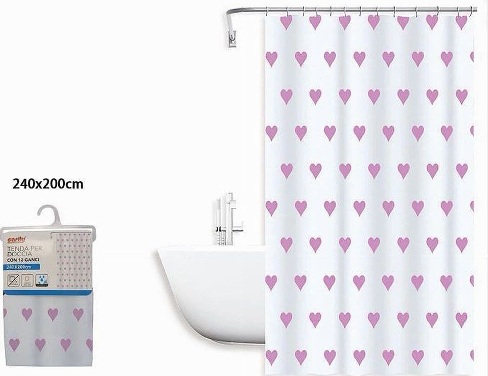 TENDA DA DOCCIA VASCA BAGNO IMPERMEABILE 12 GANCI CON CUORI ROSA 240X200CM 87092 - 2