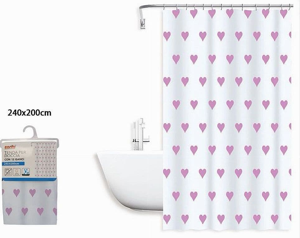 TENDA DA DOCCIA VASCA BAGNO IMPERMEABILE 12 GANCI CON CUORI ROSA 240X200CM 87092 - 2