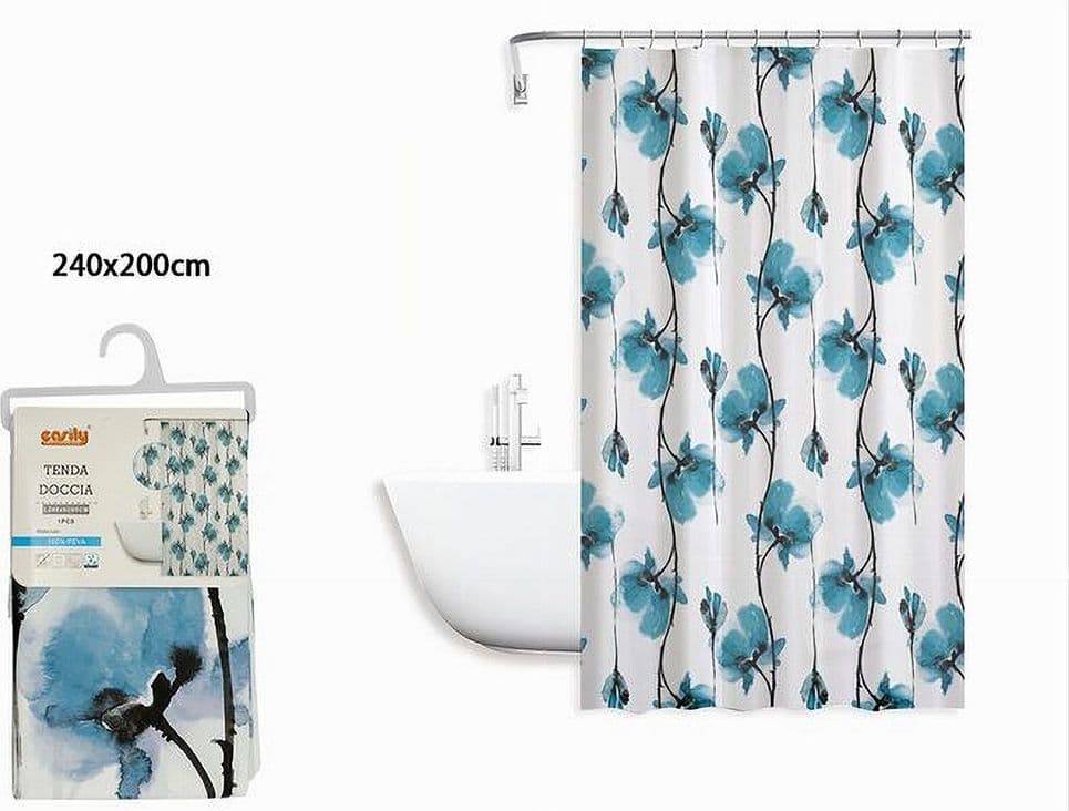 TENDA DOCCIA VASCA IMPERMEABILE 12 GANCI DECORAZIONE FIORI BLU 240 X 200CM 79225 - 3