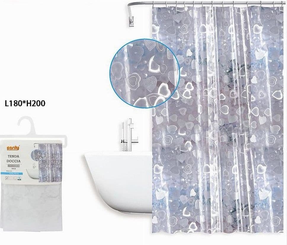 TENDA DOCCIA VASCA BAGNO IMPERMEABILE 12 GANCI EFFETTO 2D CUORI 180X200 CM 59809 - 2