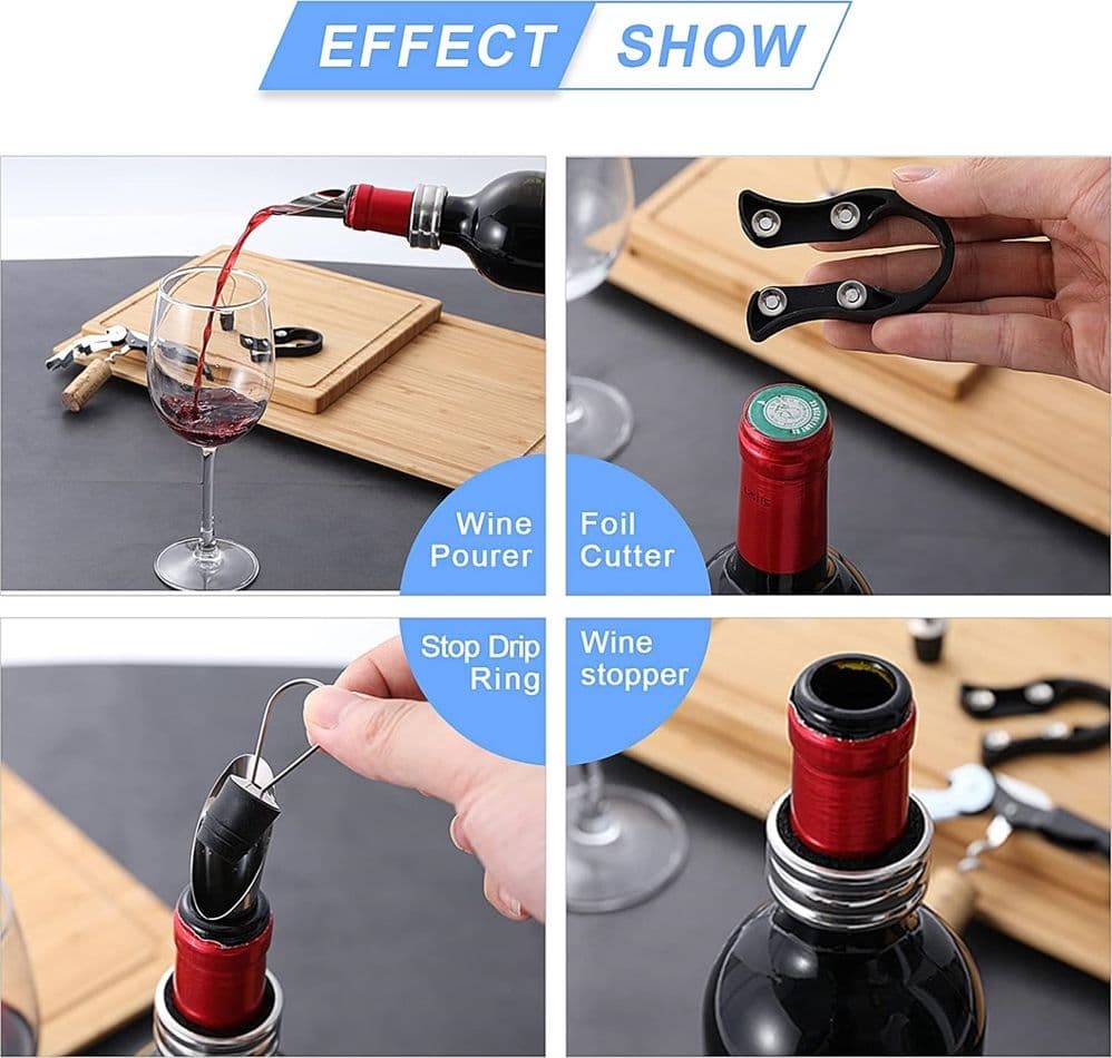 SET VINO 5IN1 CAVATAPPI APRIBOTTIGLIE MULTIFUNZIONE ANELLO ANTIGOCCIA TAPPO VERSATORE - 8