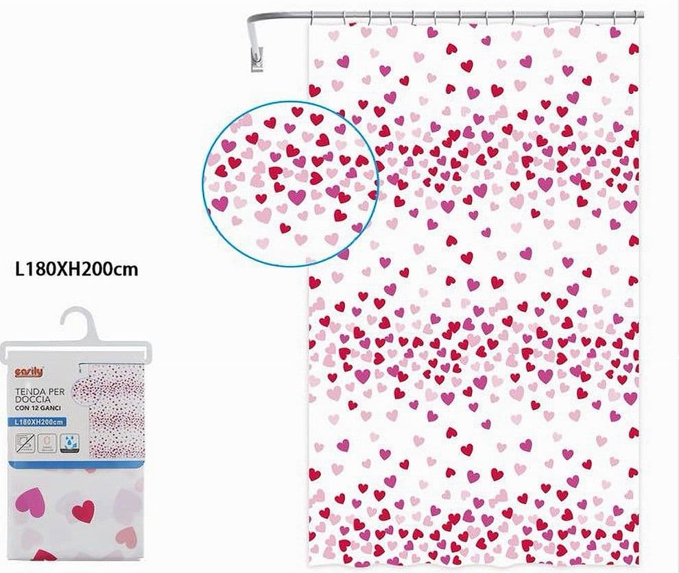 TENDA DOCCIA VASCA BAGNO 12 GANCI IMPERMEABILE CUORI ROSSI ROSA 180X200 CM 87561 - 2