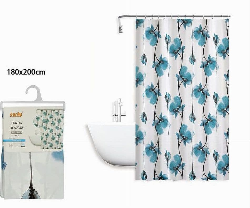 TENDA DOCCIA VASCA IMPERMEABILE 12 GANCI DECORAZIONE FIORI BLU 180X200 CM 79224 - 3