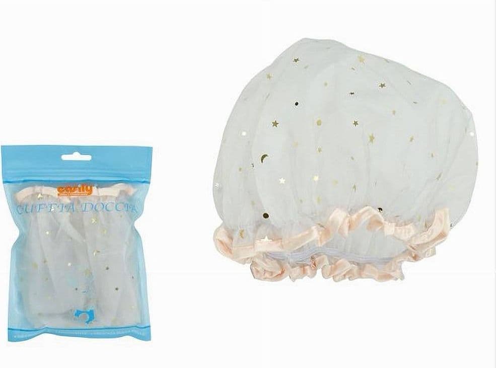 2PZ CUFFIA DOCCIA BAGNO ELASTICO BORDINO ROSA CHIARO STELLE PROTEGGE CAPELLI 79609 - 2