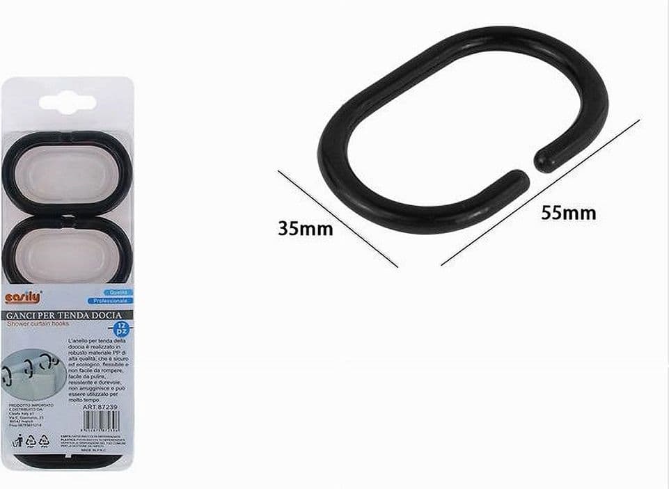 SET 12 PZ ANELLI GANCIO PER TENDA DA DOCCIA BOX BAGNO IN PLASTICA PP NERO 87239 - 4