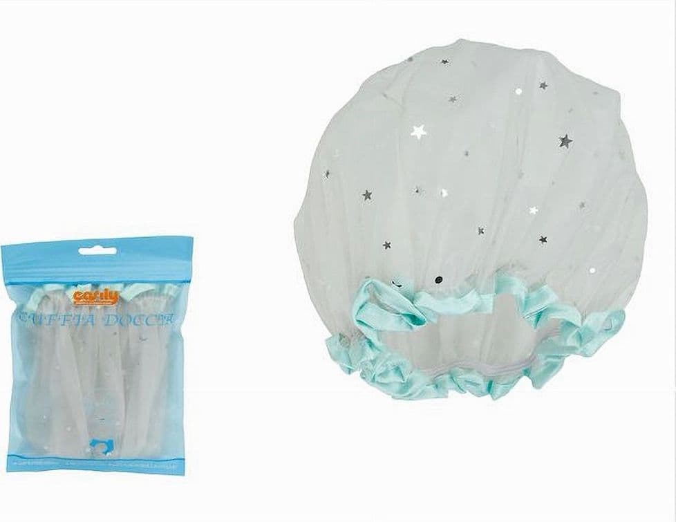 SET 2PZ CUFFIA DOCCIA BAGNO ELASTICO BORDINO VERDE STELLE PROTEGGE CAPELLI 79608 - 2
