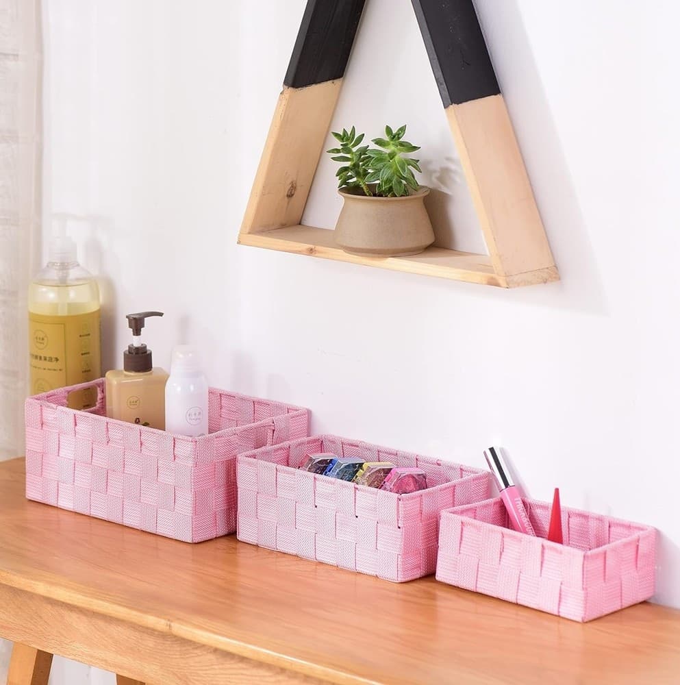 SET 3 PEZZI SCATOLA PORTA OGGETTI IN TESSUTO INTRECCIATO CONTENITORI ROSA 79059 - 3