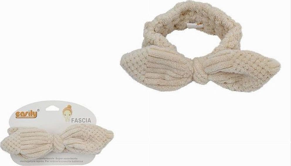 FASCIA PER CAPELLI DOCCIA SHAMPOO TRUCCO SPUGNA CON FIOCCO ANNODATO BEIGE 79615 - 2