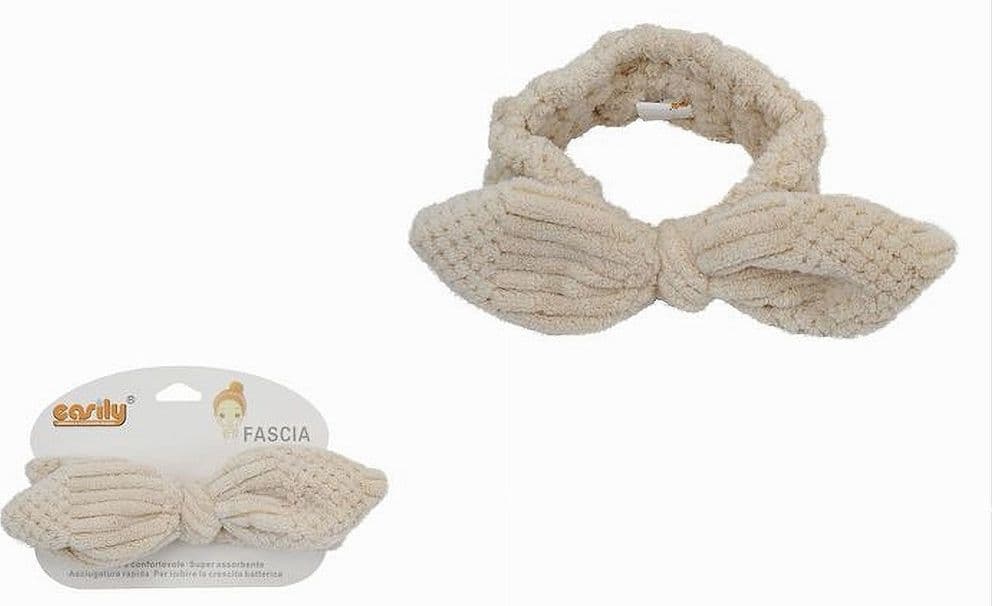 FASCIA PER CAPELLI DOCCIA SHAMPOO TRUCCO SPUGNA CON FIOCCO ANNODATO BEIGE 79615 - 2