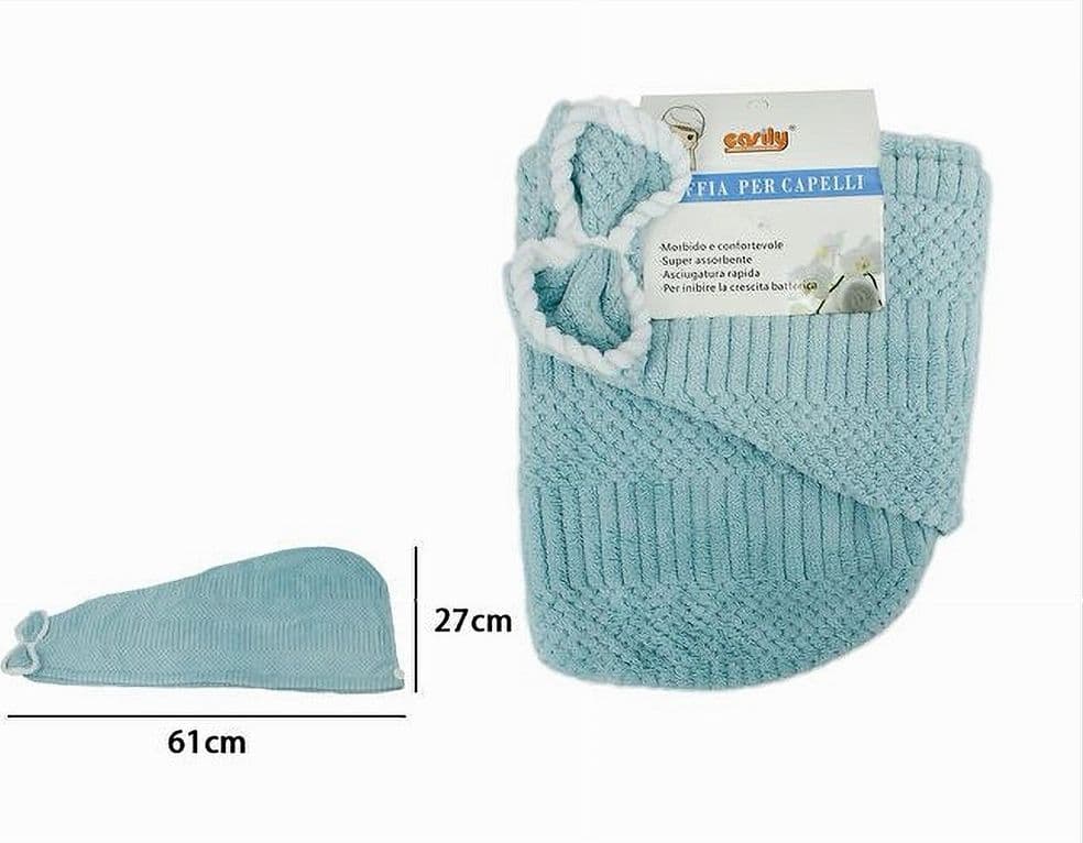CUFFIA ASCIUGAMANO SHAMPOO BAGNO DOCCIA ASCIUGA CAPELLI FIOCCHETTO AZZURRO 79634 - 2