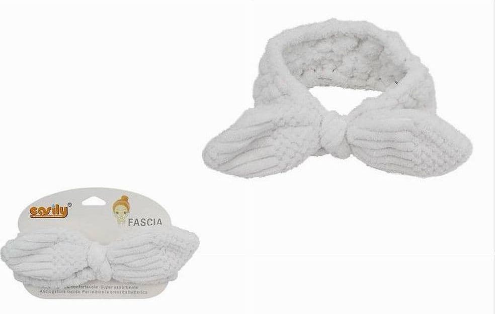 FASCIA PER CAPELLI DOCCIA SHAMPOO TRUCCO SPUGNA CON FIOCCO ANNODATO BIANCO 79612 - 2
