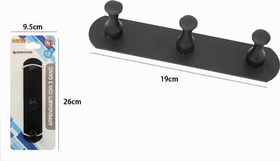 APPENDIABITI CON 3 GANCI NERO PER ACCAPPATOIO BAGNO CUCINA CASA DA PARETE 59752 - 2