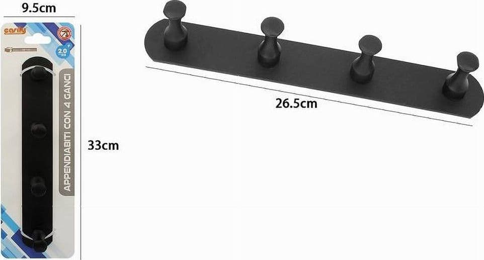 APPENDIABITI CON 4 GANCI NERO PER ACCAPPATOIO BAGNO CUCINA CASA DA PARETE 59753 - 2