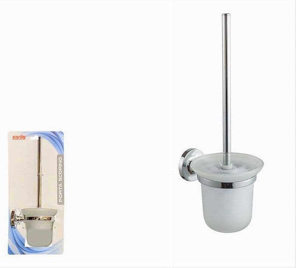 PORTA SCOPINO WC CON SCOPINO COMPLETO VETRO SATINATO FISSAGGIO PARETE BAGNO 79815 - 2