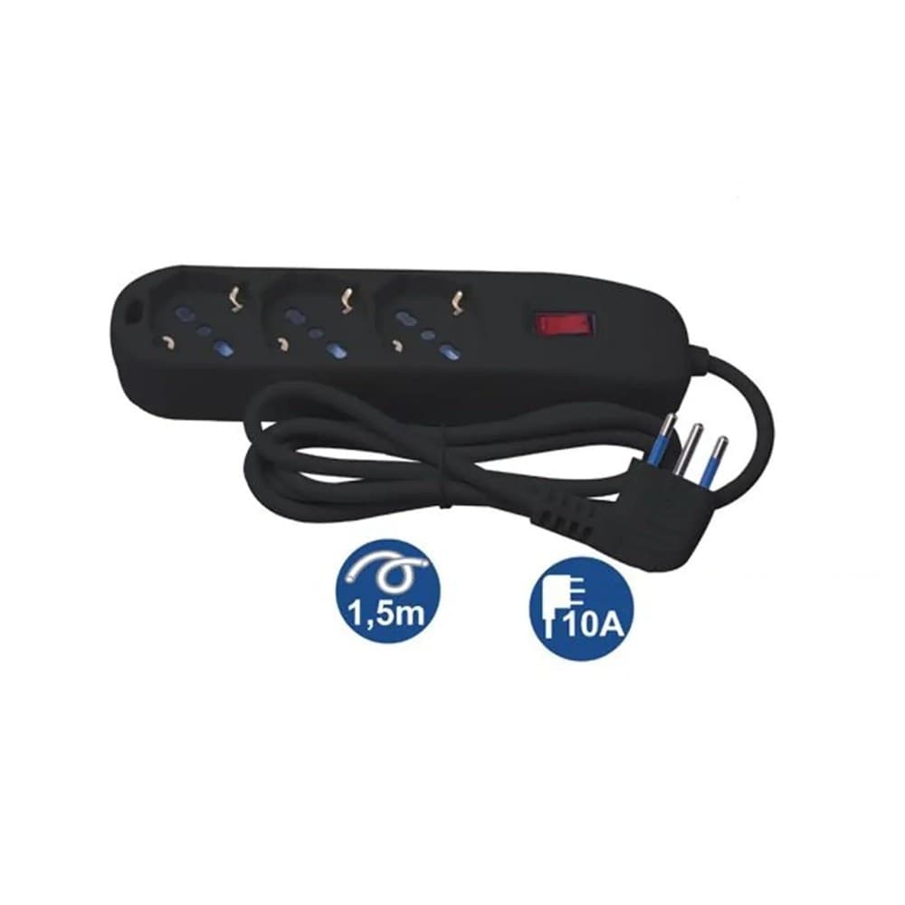 MULTIPRESA 3 USCITE UNIVERSALI SCHUKO SPINA 10A CAVO 1.5 MT NERO CIABATTA 80100N - 2