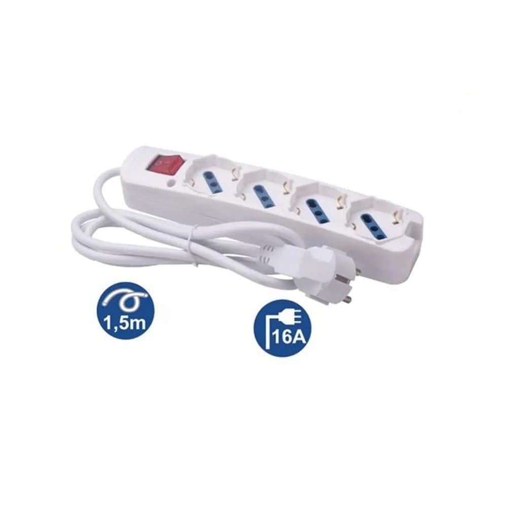 MULTIPRESA 4 USCITE UNIVERSALI SPINA 16A CAVO 1.5MT BIANCO CON INTERRUTTORE 80174N - 2