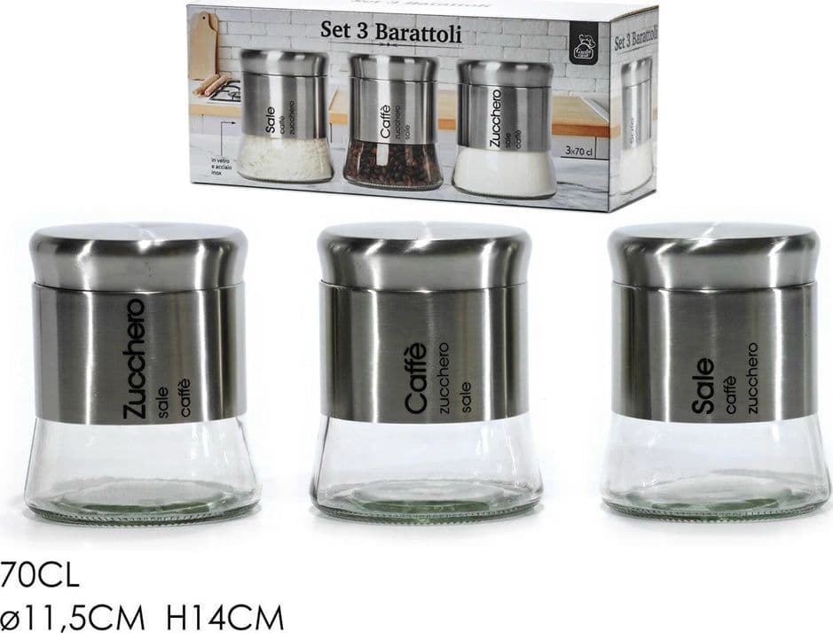 SET TRIS DI BARATTOLI SALE ZUCCHERO CAFFÈ IN ACCIAIO VETRO ACCESSORI CUCINA - 2