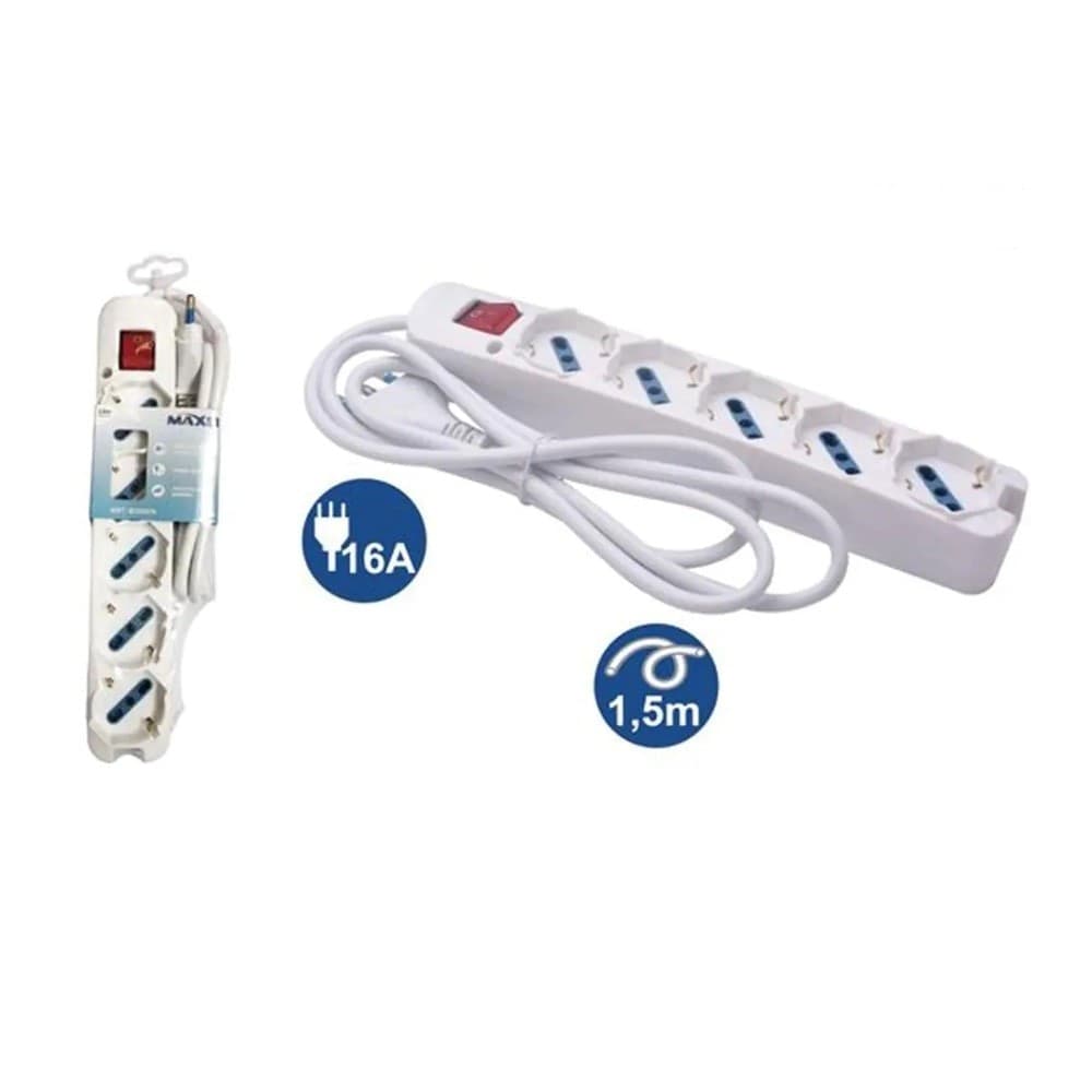 MULTIPRESA 5 USCITE UNIVERSALI SPINA 16A CAVO 1.5 MT INTERRUTTORE BIANCO 80180N - 3