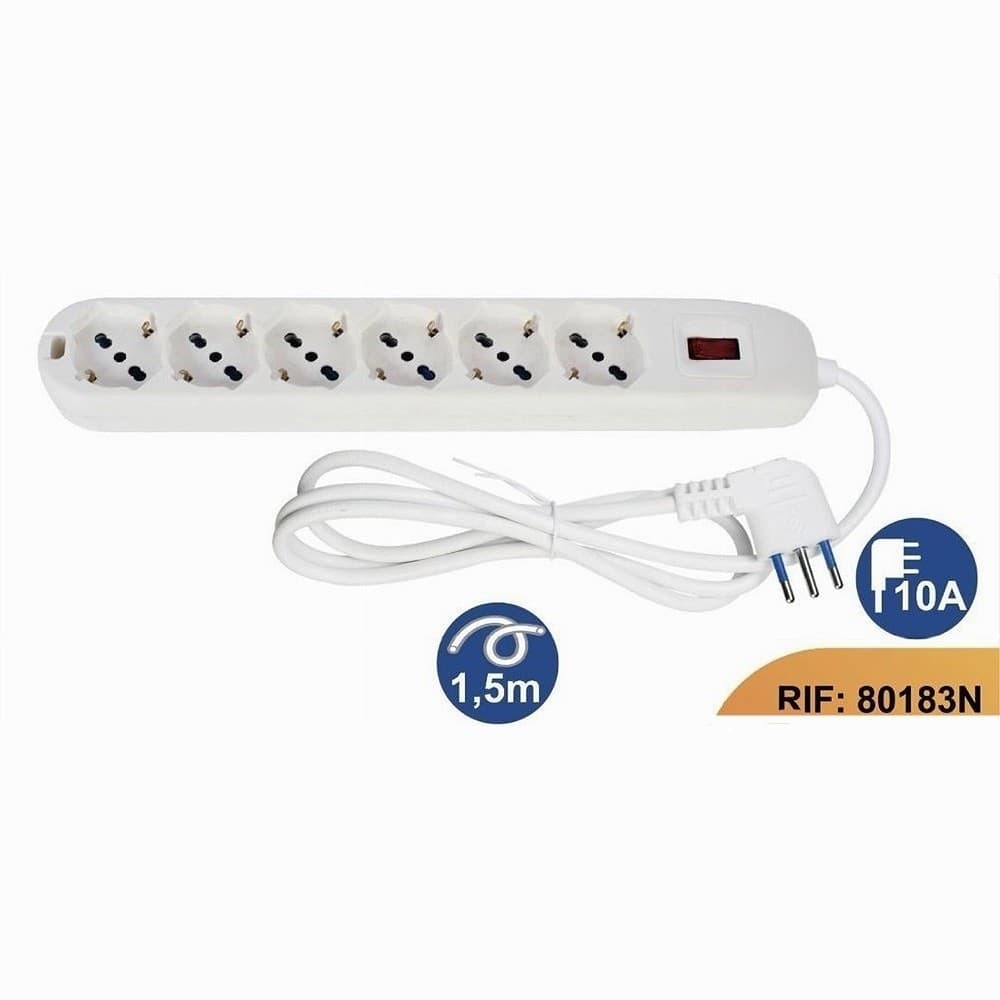 MULTIPRESA 6 USCITE UNIVERSALI SPINA 10A CAVO DA 1.5 MT BIANCO CIABATTA 80183N - 2