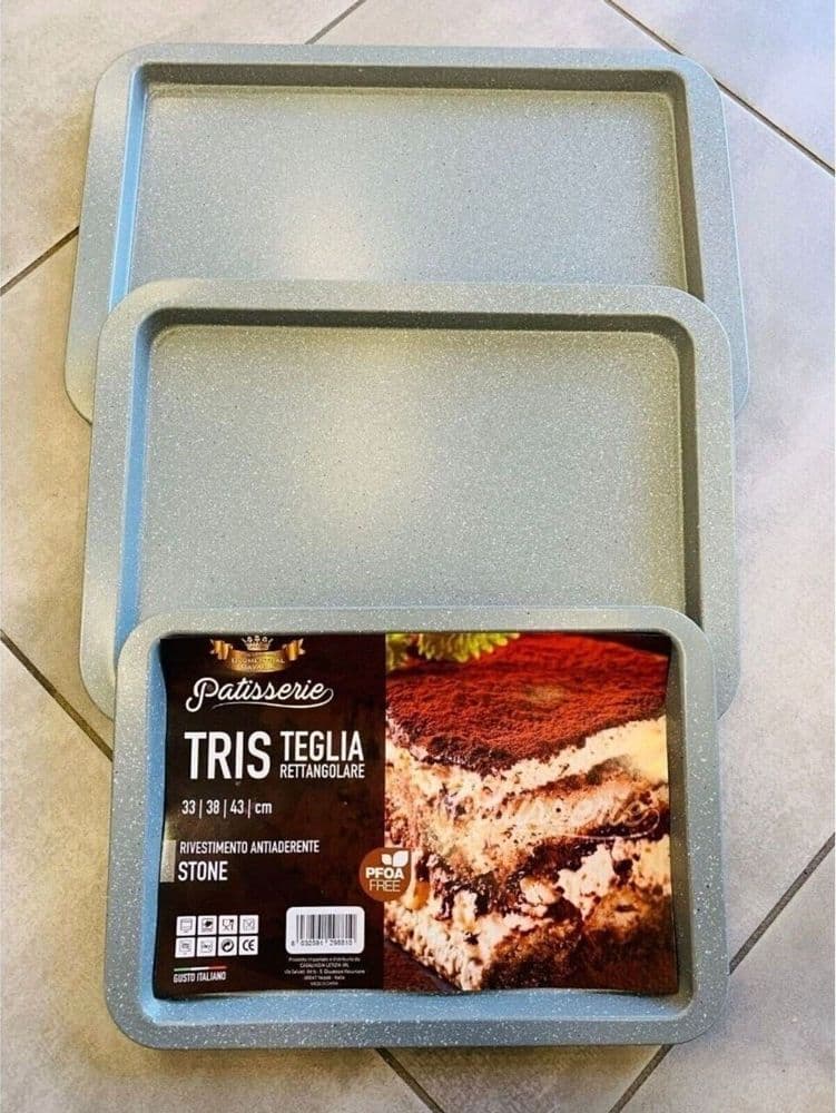 TRIS 3 TEGLIE RETTANGOLARI ANTIADERENTI RIVESTIMENTO STONE 33/38/43 CM DA FORNO - 2