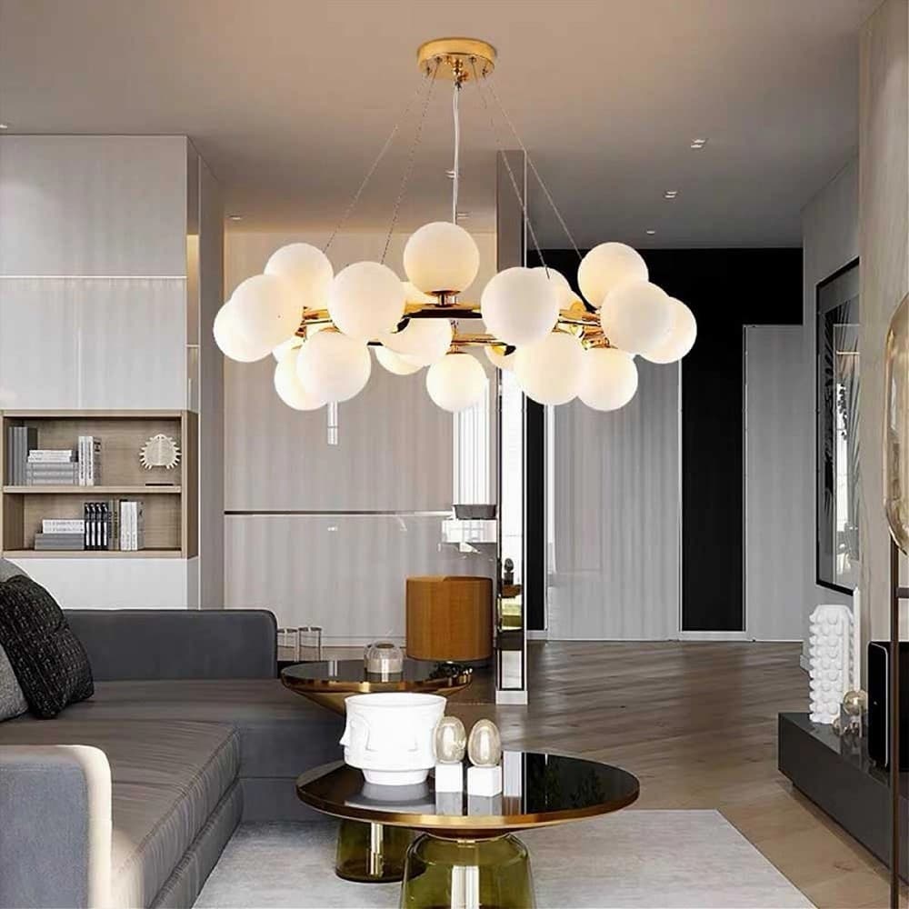 LAMPADARIO CONTEMPORANEO IN METALLO BRONZO A SOSPENSIONE 25 SFERE VETRO G9 B87 - 9