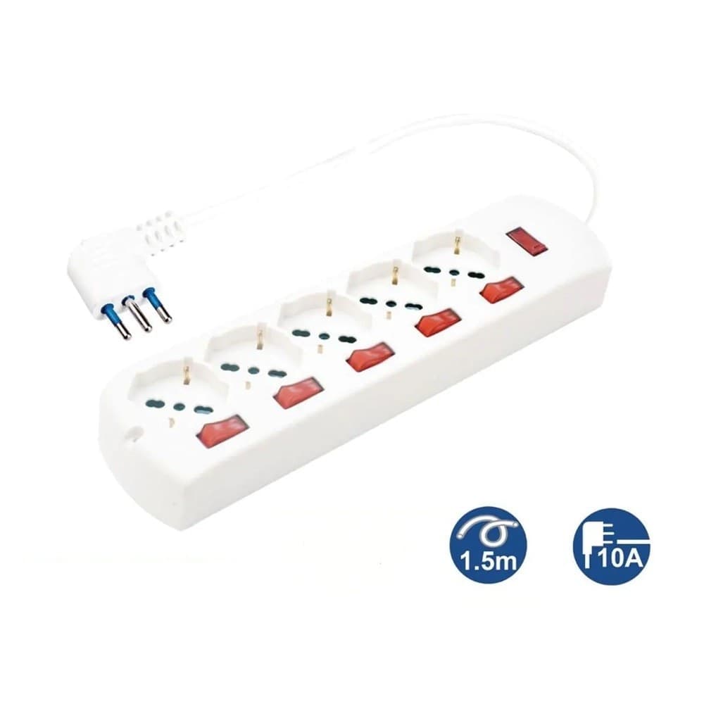 MULTIPRESA 5 USCITE UNIVERSALI SCHUKO + 5 INTERRUTTORI SPINA 10A CAVO 1.5MT 80705 - 2