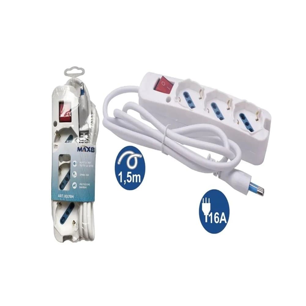 MULTIPRESA 3 USCITE UNIVERSALI INTERRUTTORE LUMINOSO SPINA 16A CAVO 1.5MT 80178N - 3