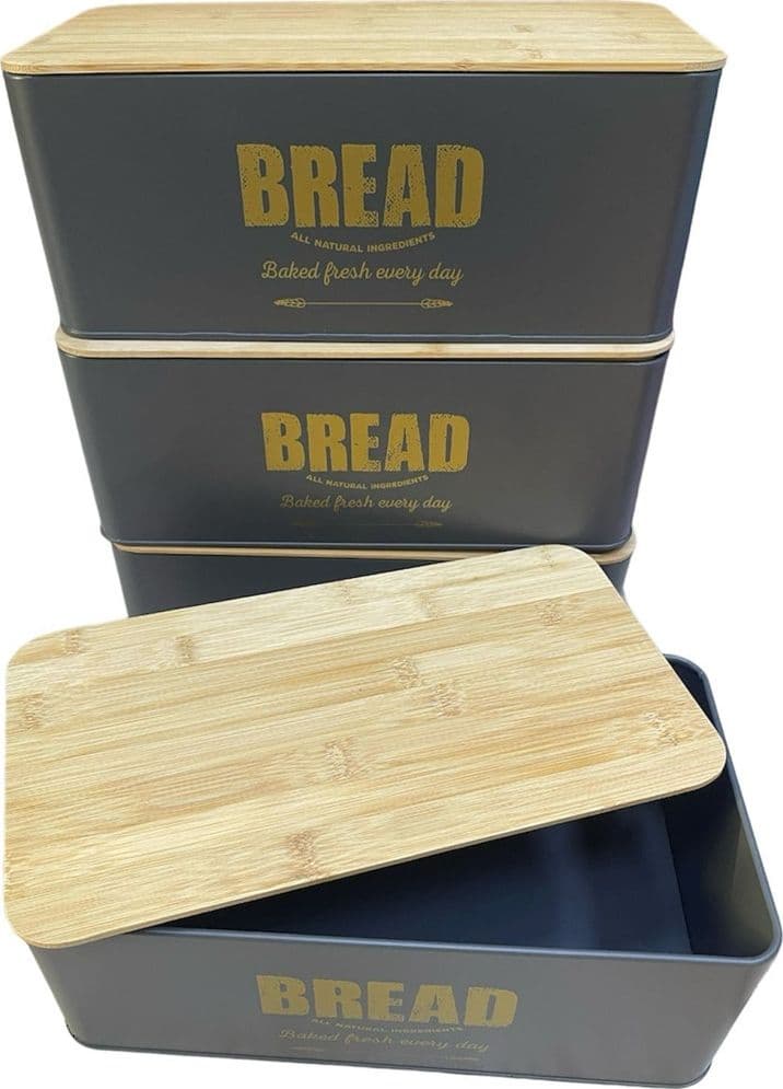 CONTENITORE PORTAPANE VINTAGE NERO COPERCHIO TAGLIERE IN LEGNO LATTA ALIMENTI - 7