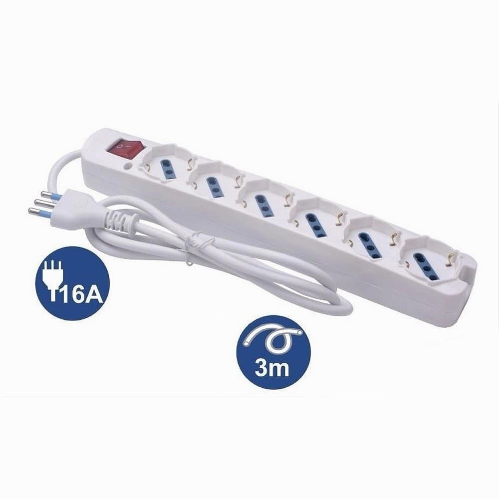 MULTIPRESA 6 USCITE UNIVERSALI SPINA 16A CAVO 3MT BIANCO CON INTERRUTTORE 80191N - 2