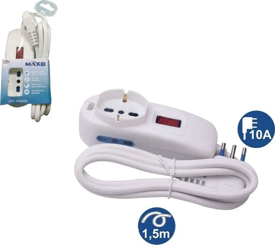 MULTIPRESA 1 USCITE UNIVERSALI+2 BIPASSO 10/16A SPINA 10A CAVO 1.5MT BIANCO 80187N - 2