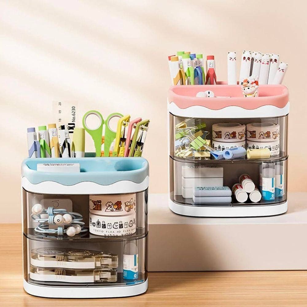 ORGANIZER AZZURRO CON CASSETTI ORGANIZZATORE SCRIVANIA PENNE TRUCCO CANCELLERIA - 3