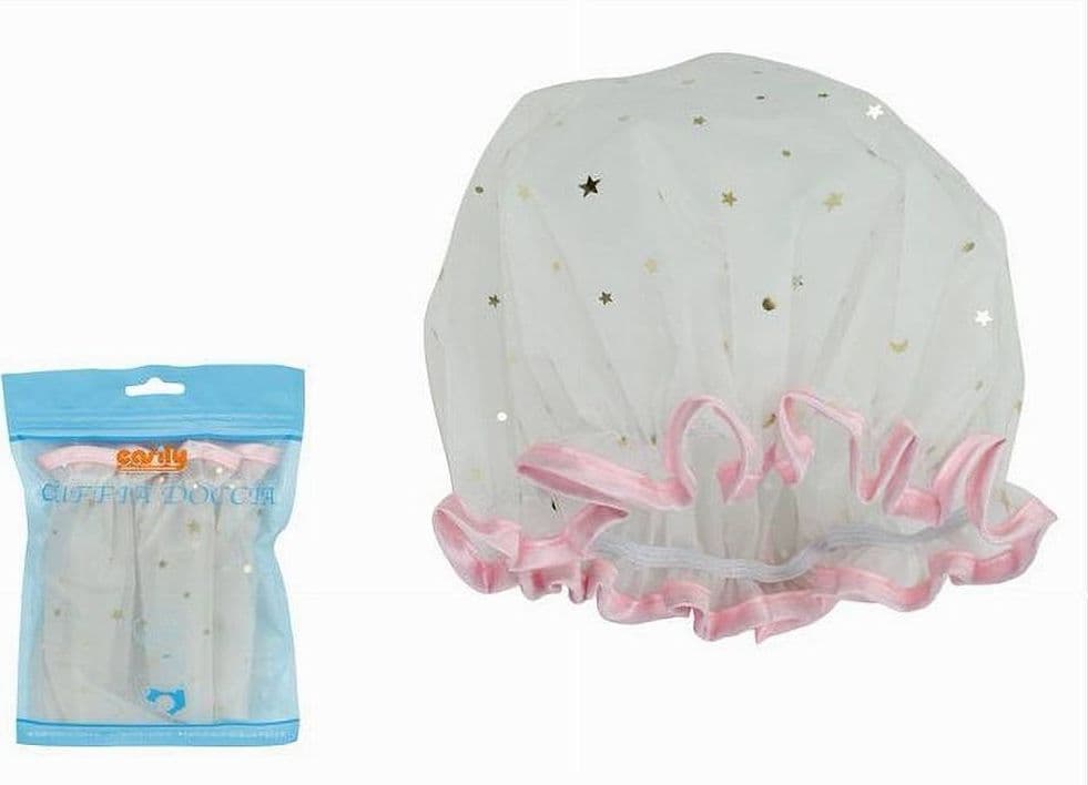 SET 2 PZ CUFFIA DOCCIA BAGNO ELASTICO BORDINO ROSA STELLE PROTEGGE CAPELLI 79607 - 2