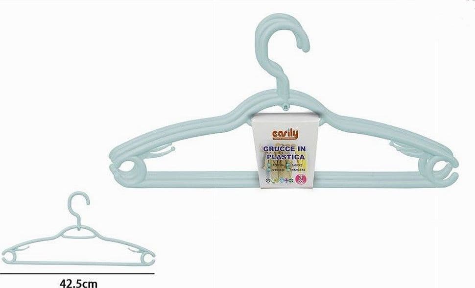 SET 3 PZ GRUCCE PLASTICA STAMPELLE APPENDI ABITI PANTALONI GIACCHE AZZURRO 79332 - 2