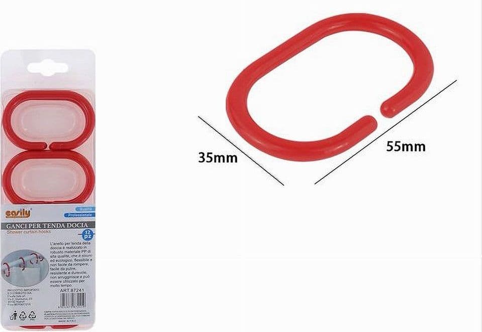 SET 12 PZ ANELLI GANCIO PER TENDA DA DOCCIA BOX BAGNO IN PLASTICA PP ROSSO 87241 - 3