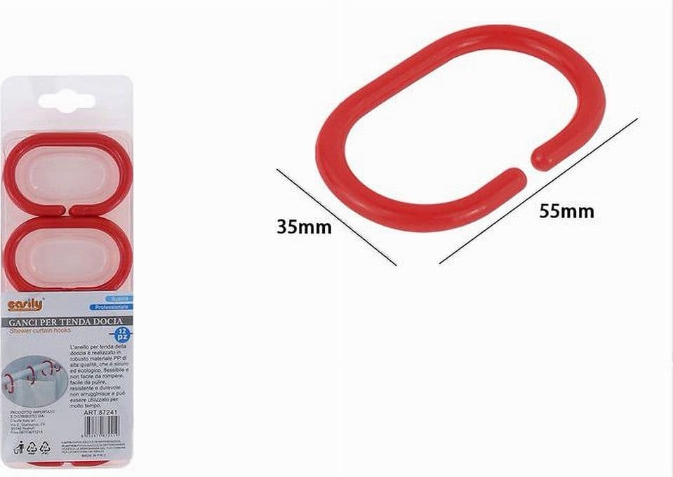 SET 12 PZ ANELLI GANCIO PER TENDA DA DOCCIA BOX BAGNO IN PLASTICA PP ROSSO 87241 - 3