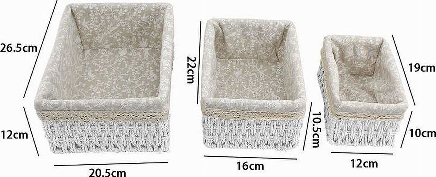 SET 3 PZ PORTA OGGETTI ORGANIZER CESTINO BIANCO INTRECCIATO FODERA TESSUTO 79156 - 2