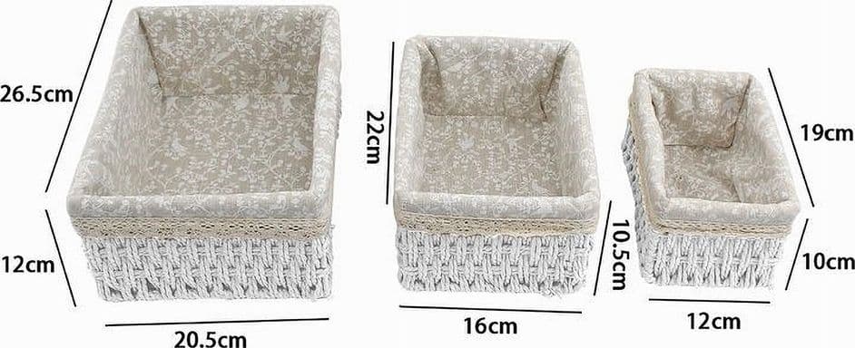 SET 3 PZ PORTA OGGETTI ORGANIZER CESTINO BIANCO INTRECCIATO FODERA TESSUTO 79156 - 2