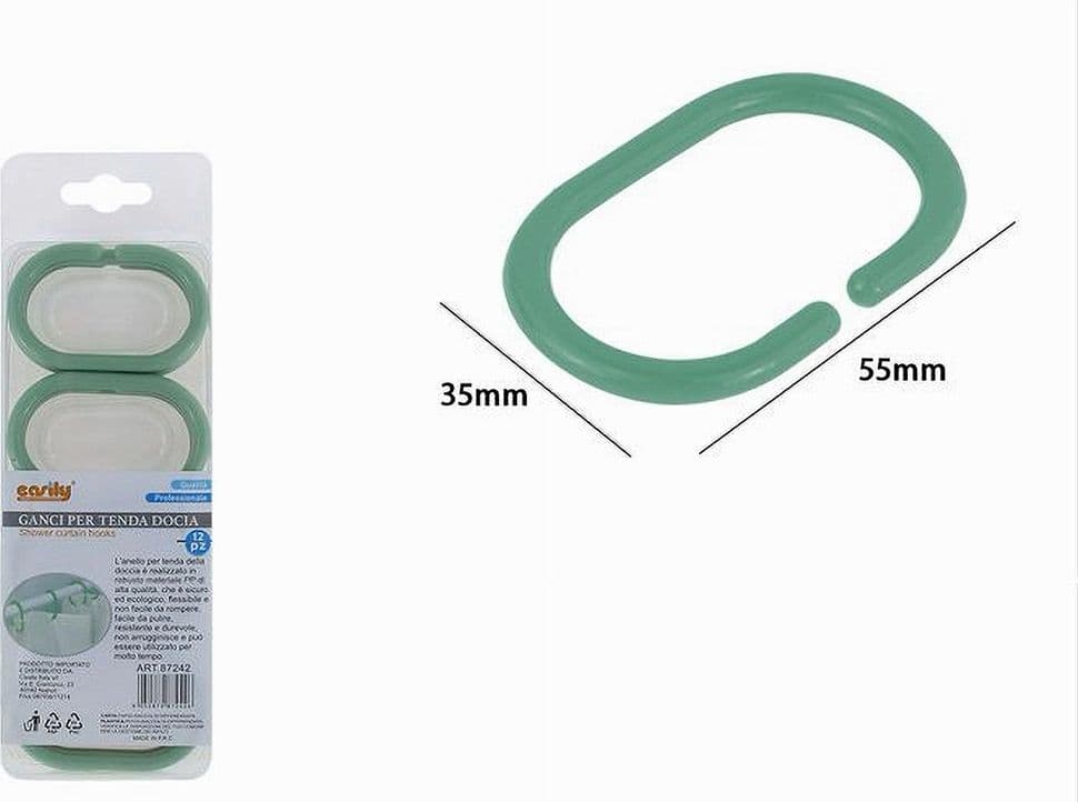SET 12 PZ ANELLI GANCIO PER TENDA DA DOCCIA BOX BAGNO IN PLASTICA PP VERDE 87242 - 3